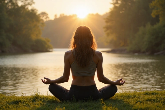 Kobieta medytująca w spokojnym otoczeniu, symbolizująca równowagę psychiczną i dietę.