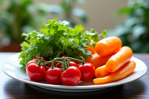 Talerz pełen świeżych, kolorowych warzyw ułożonych w estetyczny sposób, symbolizujący zdrowy posiłek.